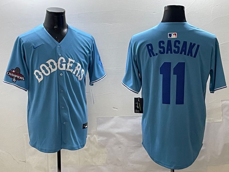 Men Los Angeles Dodgers #11 R.Sasaki Light Blue Joint Name 2025 Nike MLB Jersey style 12